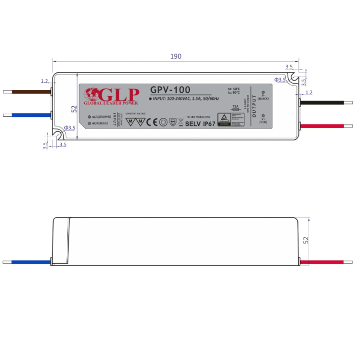 Rysunek techniczny zasilacza GPV-100-24